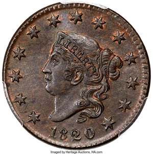 image for: 1820 1C Small Date, N-15, R.2, MS64 Brown PCGS....