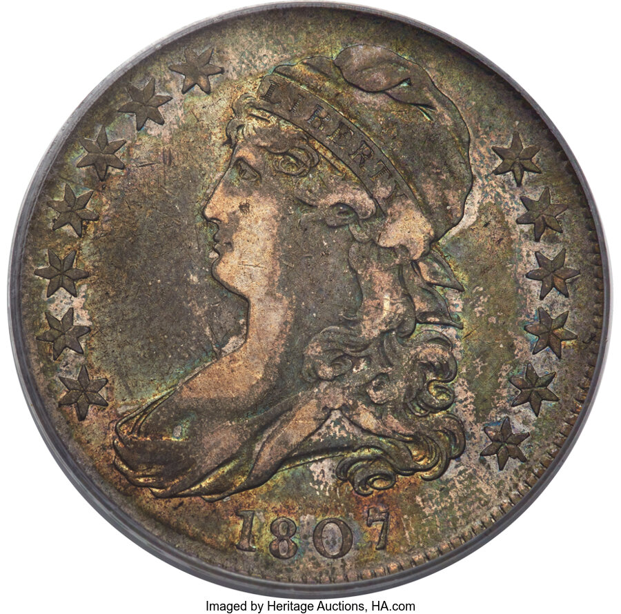 image for: 1807 50C Capped Bust, Bearded Goddess, Large Stars, 50 Over 20, O-111a, High R.4, VF20 PCGS....