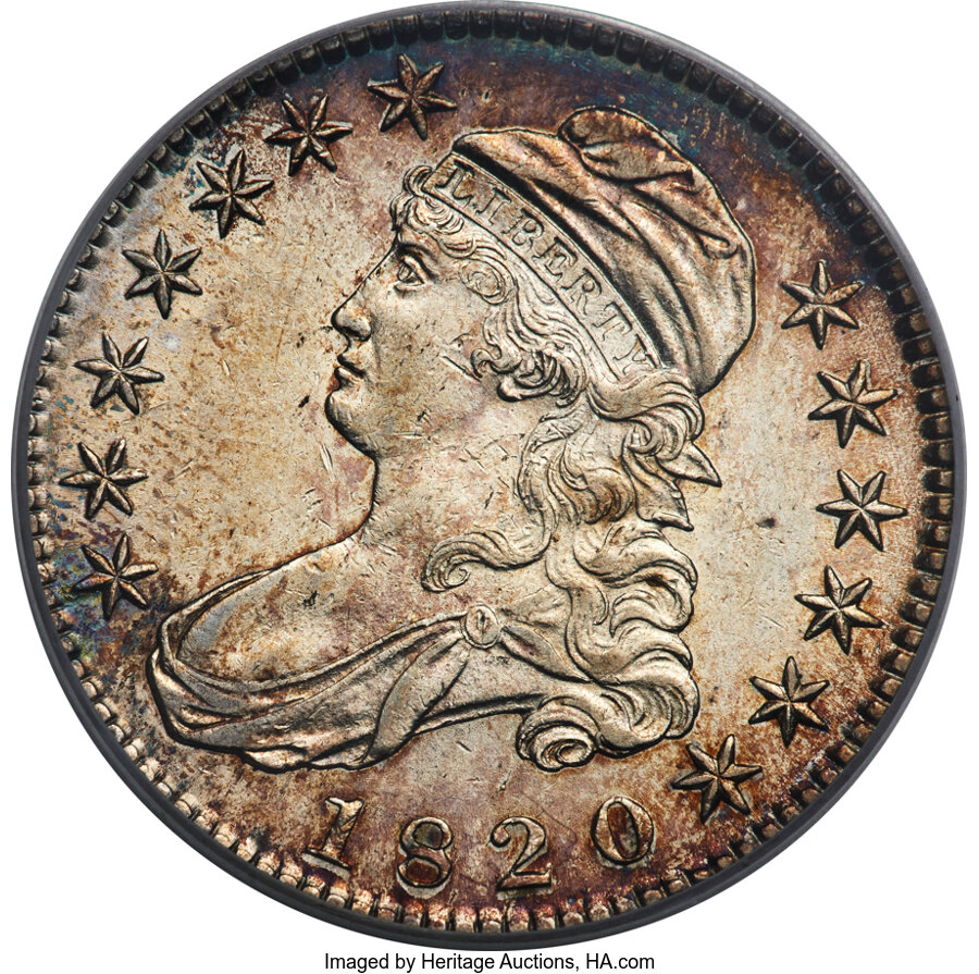 image for: 1820 50C Square Base 2, Large Date, Knob 2, O-105, R.1, AU50 PCGS....