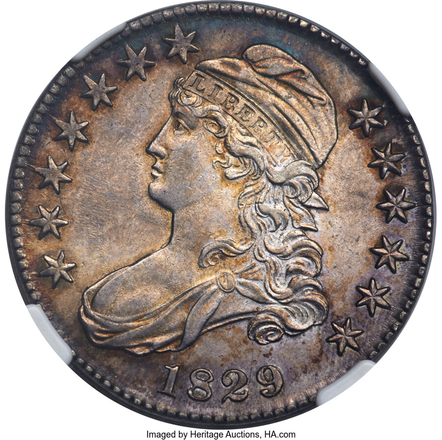 image for: 1829 50C Small Letters, O-111, R.3, AU55 NGC. CAC....