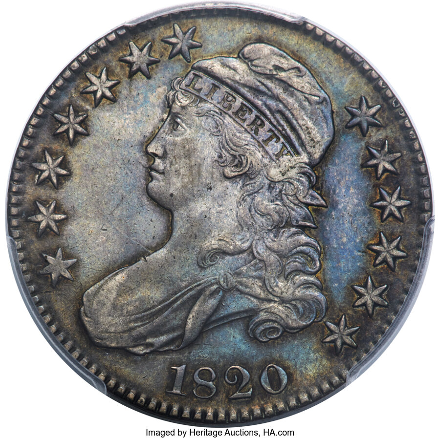 image for: 1820 50C Square Base 2, Large Date, No Knob, O-106, R.2, AU53 PCGS....