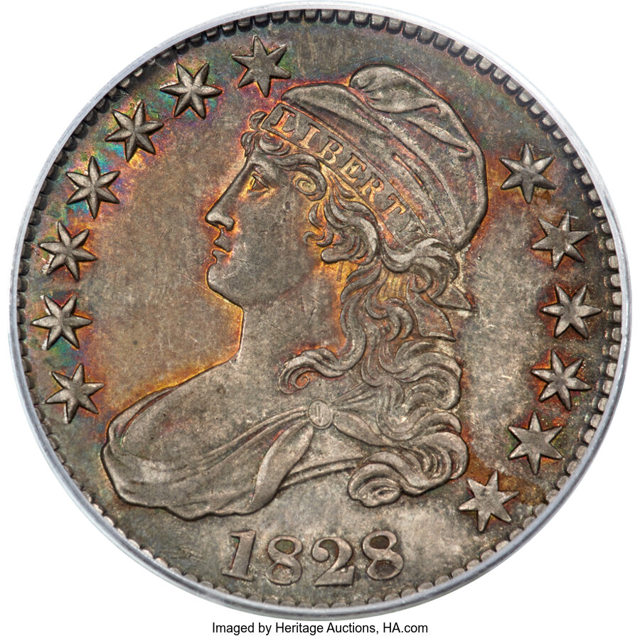 image for: 1828 50C Square Base 2, Small 8s, Large Letters, O-122, R.3, AU58 PCGS. CAC....