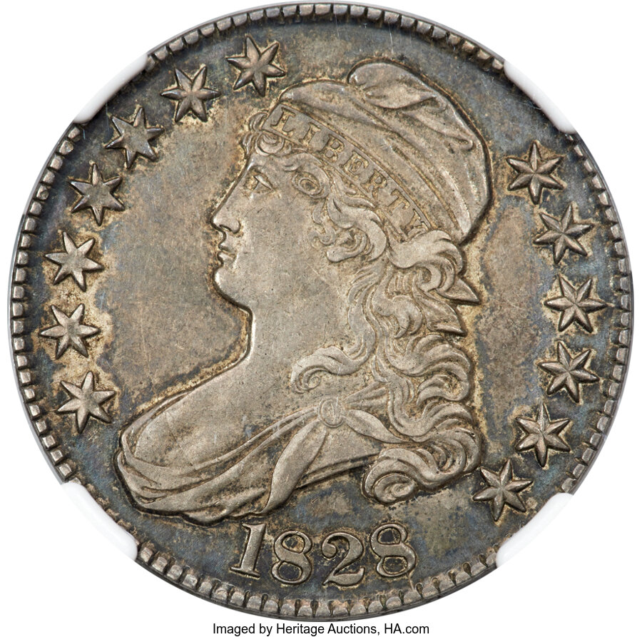 image for: 1828 50C Curl Base 2, Knob, O-107a, High R.6, AU53 NGC....