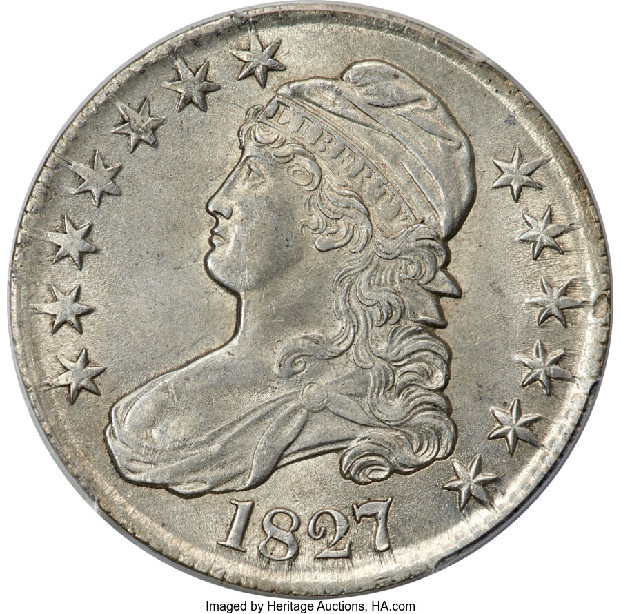 image for: 1827 50C Square Base 2, O-129, Low R.4, AU55 PCGS....