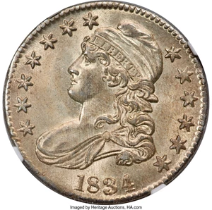 image for: 1834 50C Large Date, Large Letters, O-102, R.1, MS62 NGC....