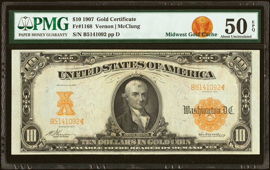 image for: Fr. 1168 $10 1907 Gold Certificate PMG About Uncirculated 50 EPQ....