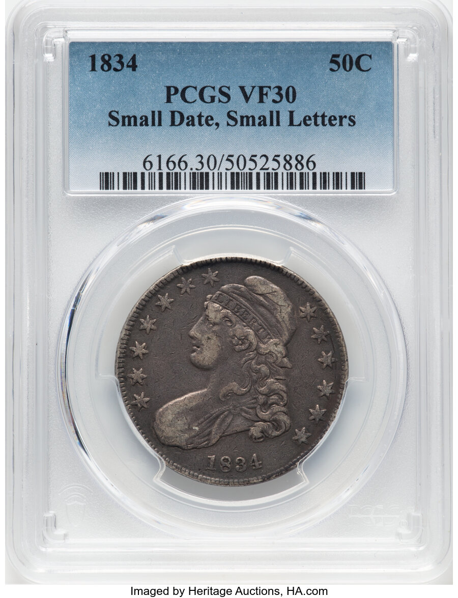 image for: 1834 50C Small Date, Small Letters, O-116, R.1, VF30 PCGS. PCGS Population: (3/28)....