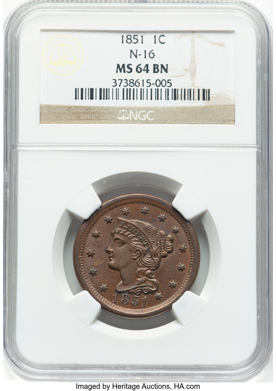 image for: 1851 1C N-16, R.3, MS64 Brown NGC. NGC Census: (3/1).  Mintage 9,889,707....