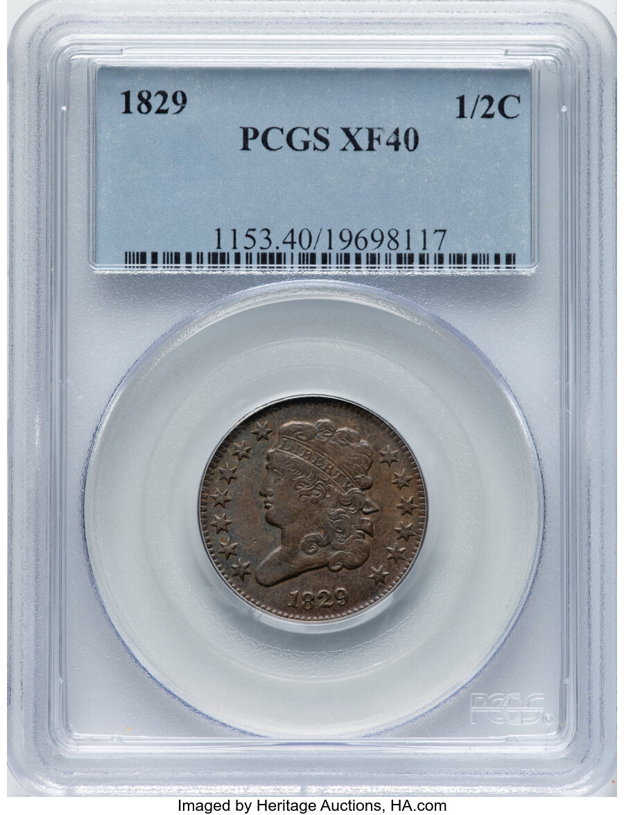 image for: 1829 1/2 C C-1, B-1, R.1, XF40 PCGS. PCGS Population: (1/14).  Mintage 487,000. Ex: Internet Auction #131702 (Heritage,...