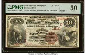 image for: Cumberland, MD - $10 1882 Brown Back Fr. 482 The Second National Bank Ch. # (E)1519 PMG Very Fine 30....