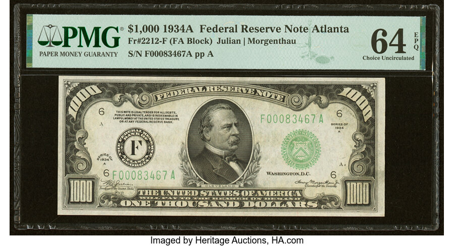 image for: Fr. 2212-F $1,000 1934A Federal Reserve Note. PMG Choice Uncirculated 64 EPQ....