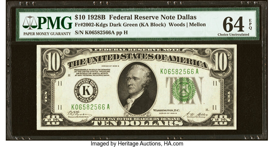 image for: Fr. 2002-K $10 1928B Federal Reserve Note. PMG Choice Uncirculated 64 EPQ....