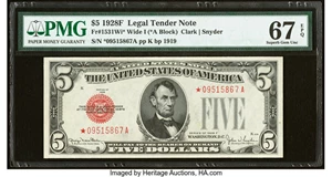 image for: Fr. 1531* $5 1928F Wide I Legal Tender Star Note. PMG Superb Gem Unc 67 EPQ....
