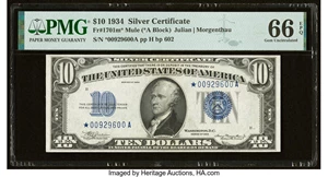 image for: Fr. 1701* $10 1934 Mule Silver Certificate Star. PMG Gem Uncirculated 66 EPQ....