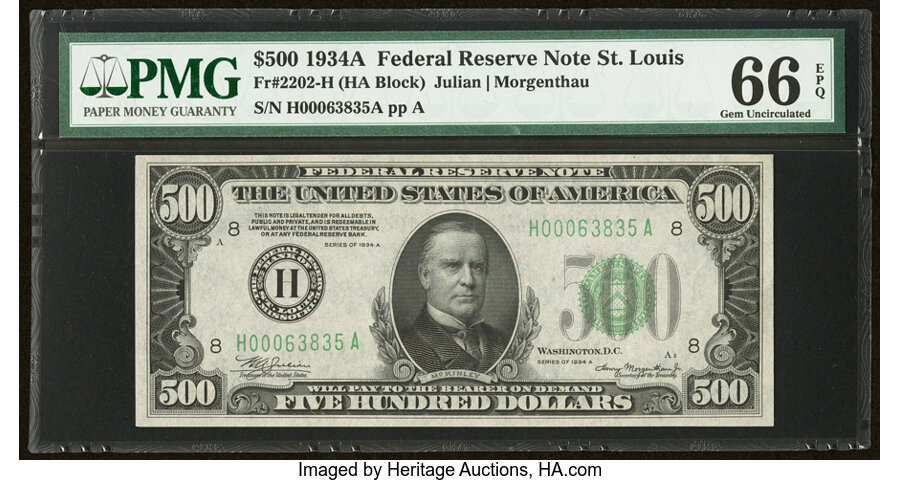 image for: Fr. 2202-H $500 1934A Federal Reserve Note. PMG Gem Uncirculated 66 EPQ....