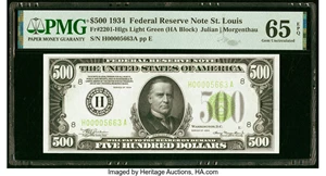 image for: Fr. 2201-H $500 1934 Light Green Seal Federal Reserve Note. PMG Gem Uncirculated 65 EPQ....