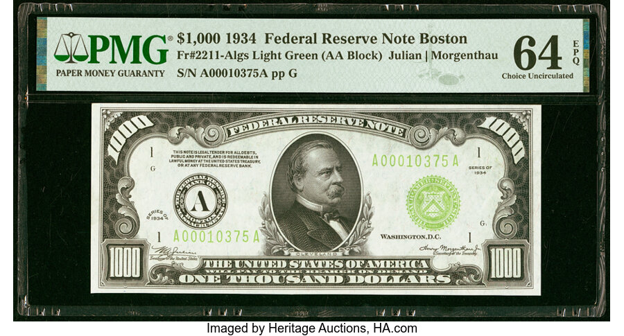 image for: Fr. 2211-A $1,000 1934 Light Green Seal Federal Reserve Note. PMG Choice Uncirculated 64 EPQ....