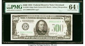 image for: Fr. 2201-D $500 1934 Federal Reserve Note. PMG Choice Uncirculated 64 EPQ....