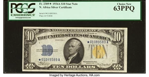 image for: Fr. 2309* $10 1934A North Africa Silver Certificate Star. PCGS Choice New 63PPQ....