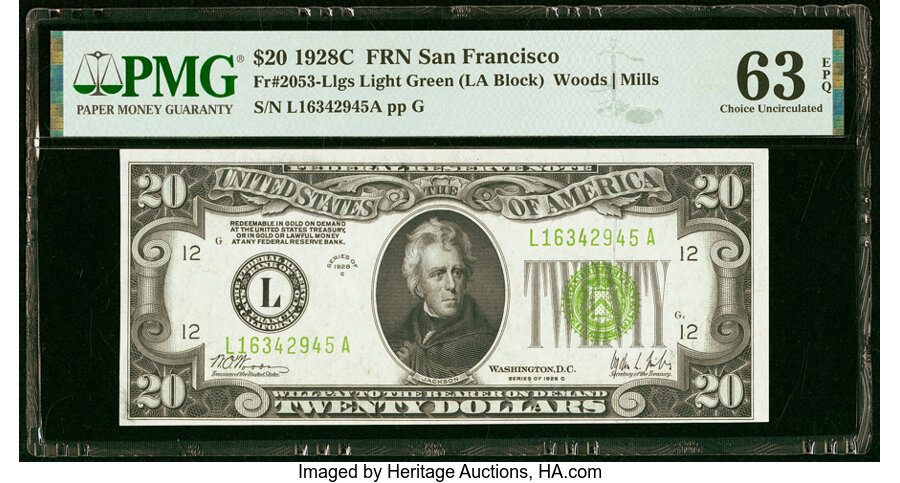 image for: Fr. 2053-L $20 1928C Light Green Seal Federal Reserve Note. PMG Choice Uncirculated 63 EPQ....