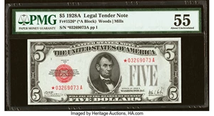 image for: Fr. 1526* $5 1928A Legal Tender Star Note. PMG About Uncirculated 55....