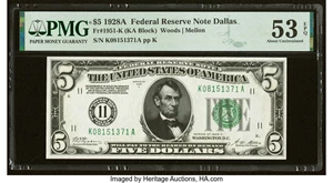 image for: Fr. 1951-K $5 1928A Federal Reserve Note. PMG About Uncirculated 53 EPQ....