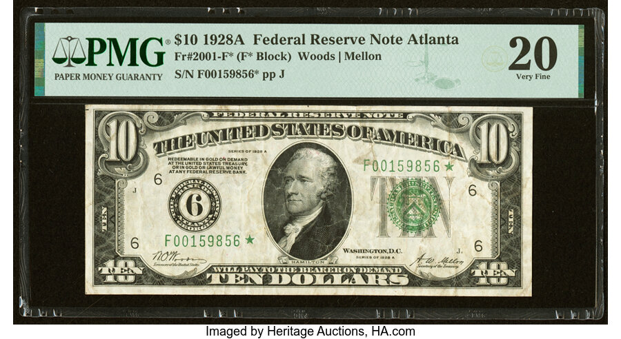 image for: Fr. 2001-F* $10 1928A Federal Reserve Star Note. PMG Very Fine 20....