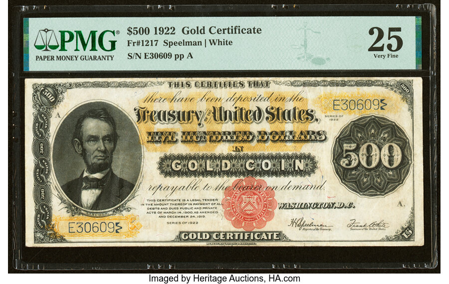 image for: Fr. 1217 $500 1922 Gold Certificate PMG Very Fine 25....