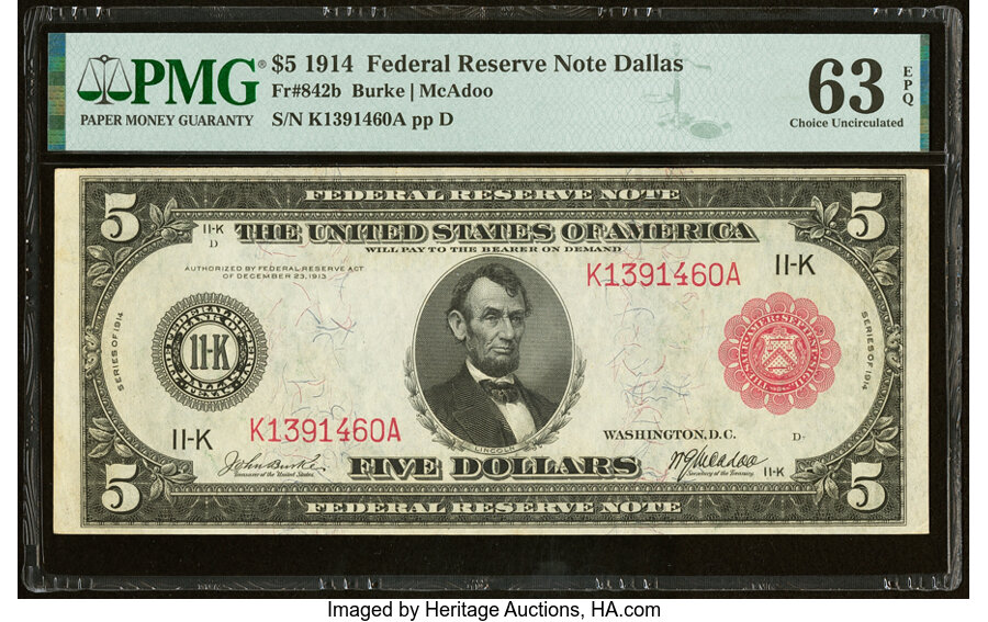 image for: Fr. 842b $5 1914 Red Seal Federal Reserve Note PMG Choice Uncirculated 63 EPQ....