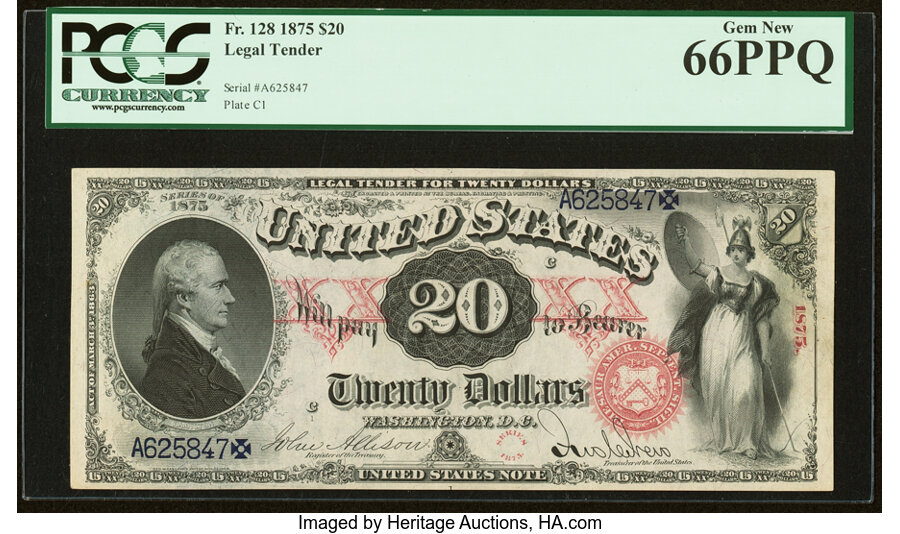 image for: Fr. 128 $20 1875 Legal Tender PCGS Gem New 66PPQ....