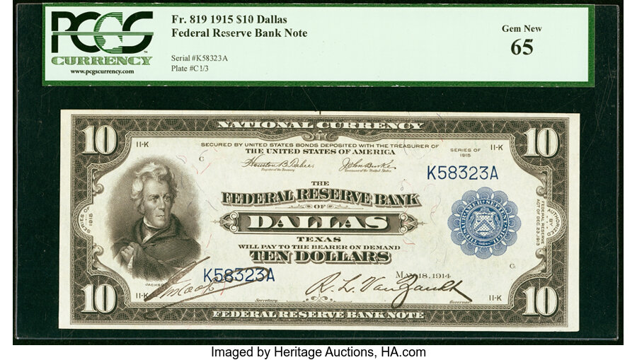 image for: Fr. 819 $10 1915 Federal Reserve Bank Note PCGS Gem New 65....