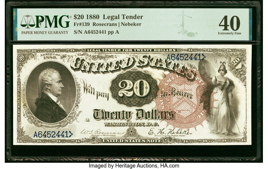 image for: Fr. 139 $20 1880 Legal Tender PMG Extremely Fine 40....