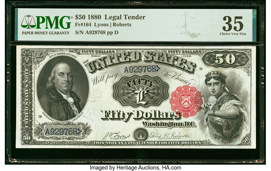image for: Fr. 164 $50 1880 Legal Tender PMG Choice Very Fine 35....