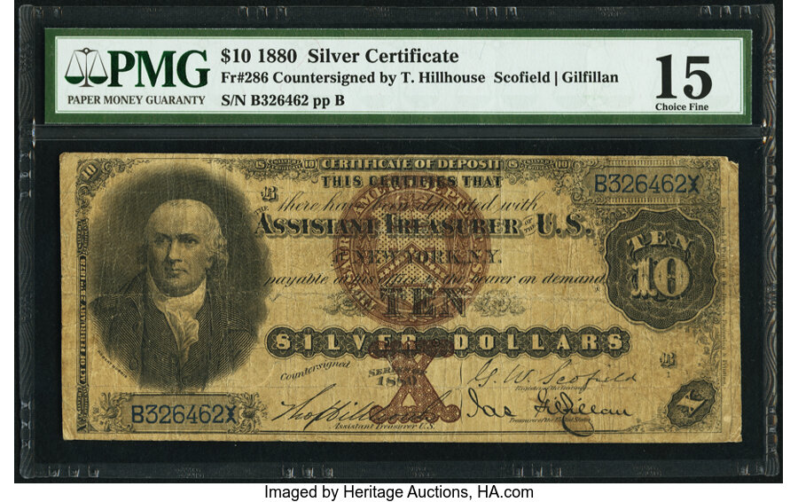 image for: Fr. 286 $10 1880 Silver Certificate PMG Choice Fine 15....