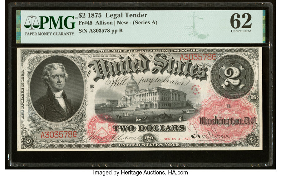image for: Fr. 45 $2 1875 Legal Tender PMG Uncirculated 62....