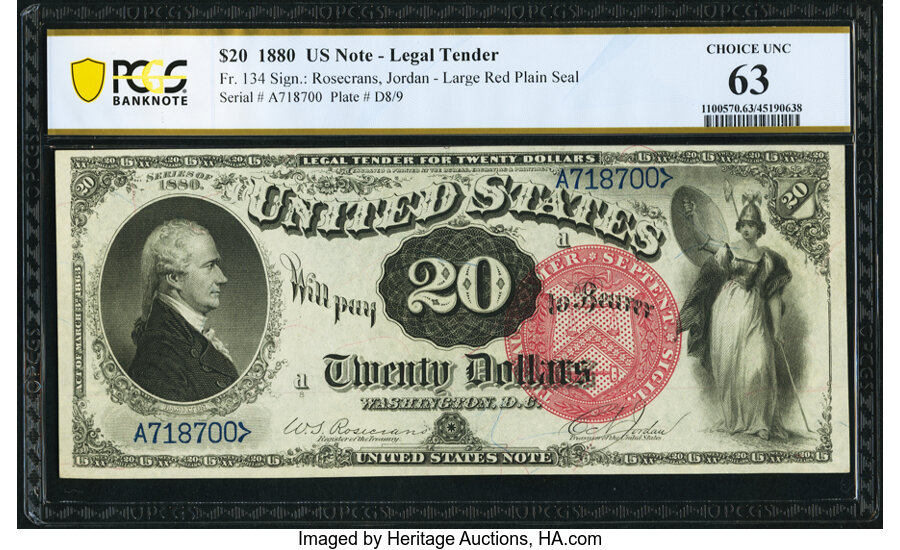 image for: Fr. 134 $20 1880 Legal Tender PCGS Banknote Choice Unc 63....