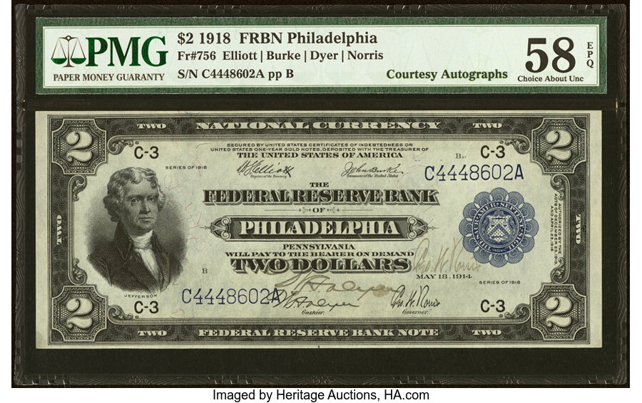 image for: Dual Courtesy Autographed Fr. 756 $2 1918 Federal Reserve Bank Note PMG Choice About Unc 58 EPQ....