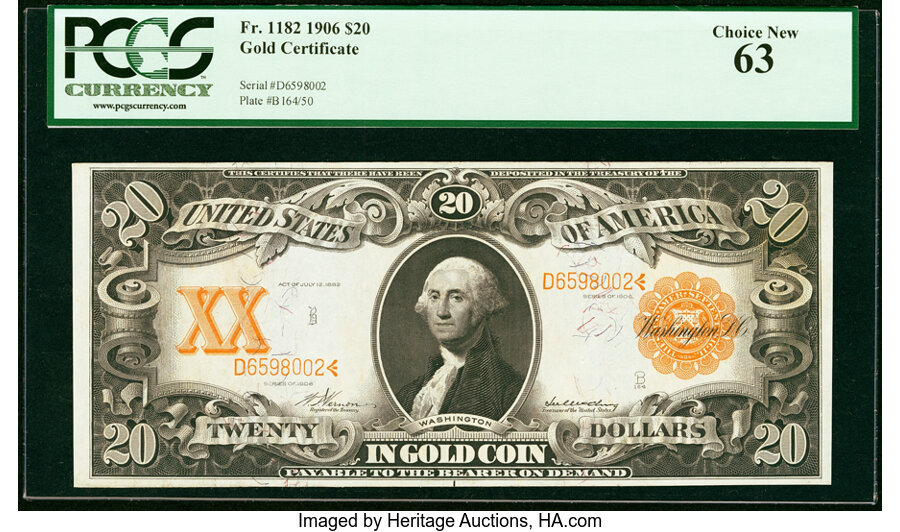image for: Fr. 1182 $20 1906 Gold Certificate PCGS Choice New 63....