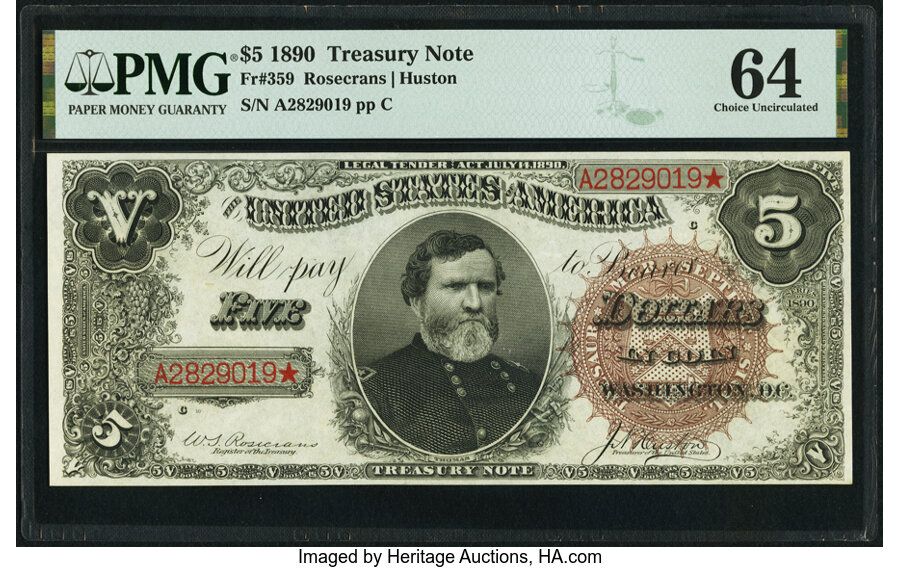 image for: Fr. 359 $5 1890 Treasury Note PMG Choice Uncirculated 64....