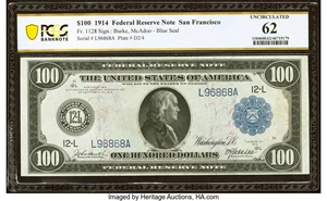 image for: Fr. 1128 $100 1914 Federal Reserve Note PCGS Banknote Uncirculated 62....