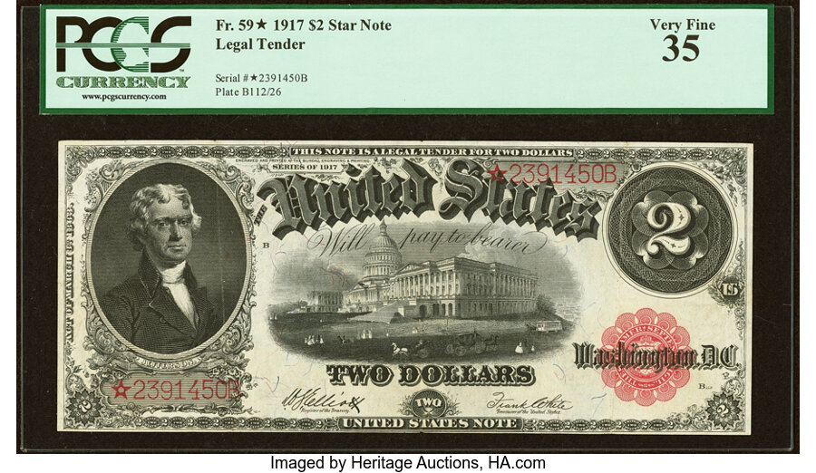 image for: Fr. 59* $2 1917 Legal Tender Star PCGS Very Fine 35....