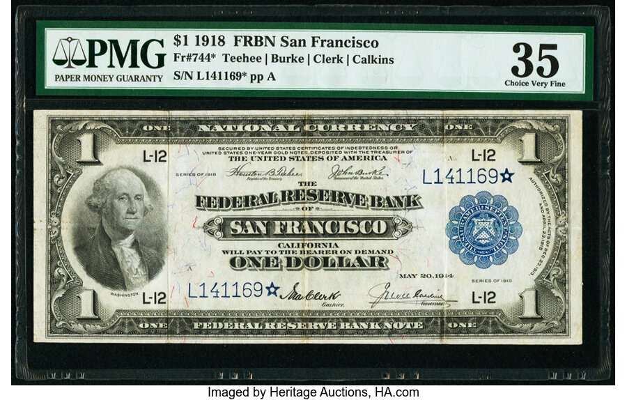 image for: Fr. 744* $1 1918 Federal Reserve Bank Note PMG Choice Very Fine 35....
