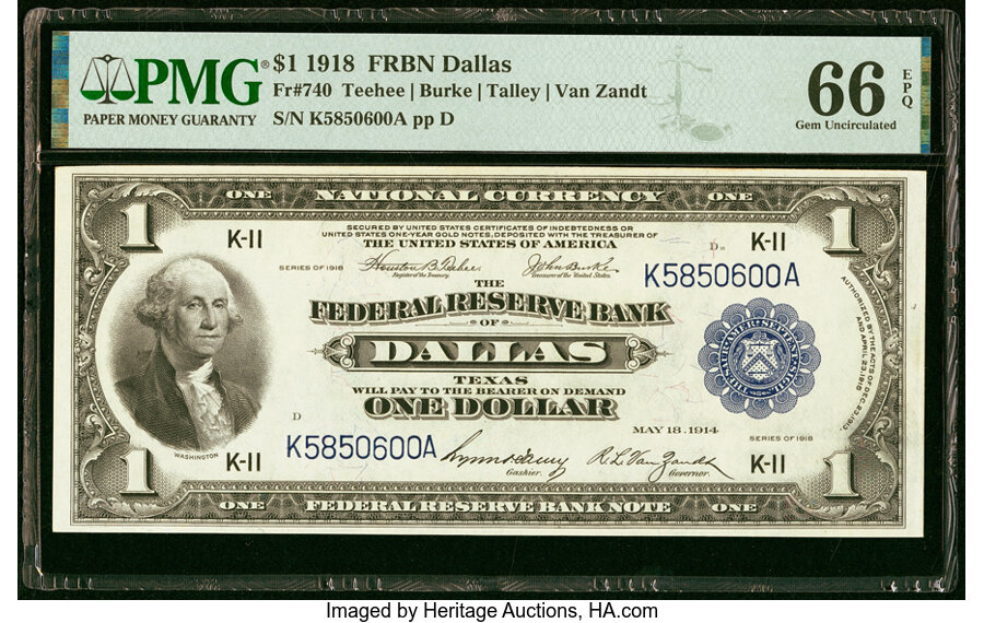 image for: Fr. 740 $1 1918 Federal Reserve Bank Note PMG Gem Uncirculated 66 EPQ....