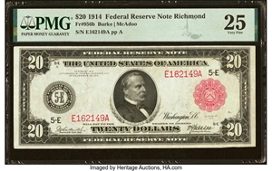 image for: Fr. 956b $20 1914 Red Seal Federal Reserve Note PMG Very Fine 25....
