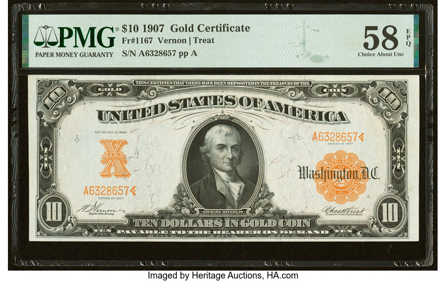 image for: Fr. 1167 $10 1907 Gold Certificate PMG Choice About Unc 58 EPQ....