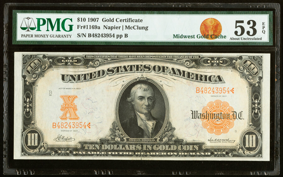 image for: Fr. 1169a $10 1907 Gold Certificate PMG About Uncirculated 53 EPQ....