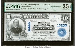 image for: Serial Number 1 Seattle, WA - $10 1902 Plain Back Fr. 637 The Pacific National Bank Ch. # 13230 PMG Choice Very Fine 35 Net....