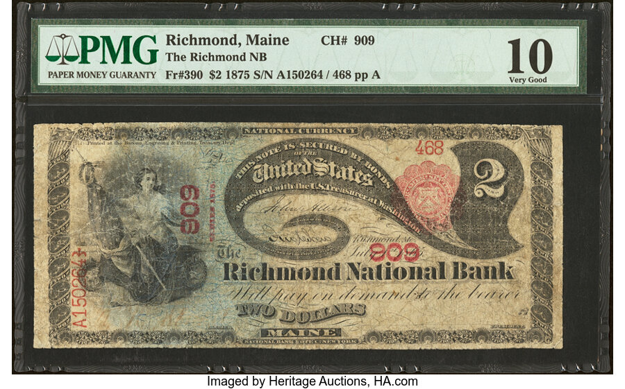 image for: Richmond, ME - $2 1875 Fr. 390 The Richmond National Bank Ch. # 909 PMG Very Good 10....