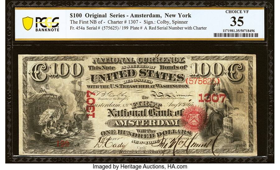 image for: Amsterdam, NY - $100 Original Fr. 454a The First National Bank Ch. # 1307 PCGS Banknote Choice VF 35....