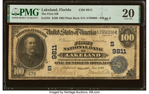 image for: Lakeland, FL - $100 1902 Plain Back Fr. 701 The First National Bank Ch. # (S)9811 PMG Very Fine 20....